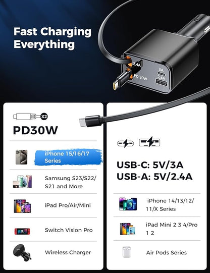 SUPERONE Smaller 4 in 1 Retractable Car Charger with Dual Type C Cords, 69W Fast Retractable USB C Car Charger, Car Accessories Car Chargers for iPhone 17 16 15 14 13 12 Galaxy Pixel