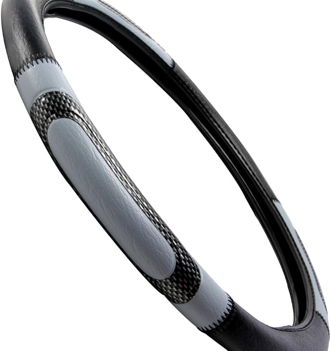BDK Sporty Two Tone Ergonomic Grip Steering Wheel Cover - Carbon Fiber Grip for Standard Size Wheels 14.5-15 inch Gray/Black