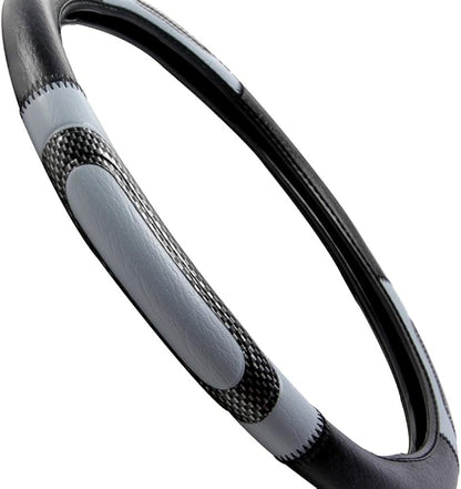 BDK Sporty Two Tone Ergonomic Grip Steering Wheel Cover - Carbon Fiber Grip for Standard Size Wheels 14.5-15 inch Gray/Black