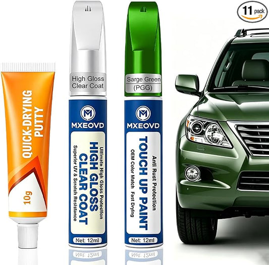Sarge Green PGG Touch Up Paint Compatible with Jeep, All in One Car Scratch Repair Kit with Primer Putty & Clear Coat, Complete Sanding Tools Set for Scratches Chips Nicks