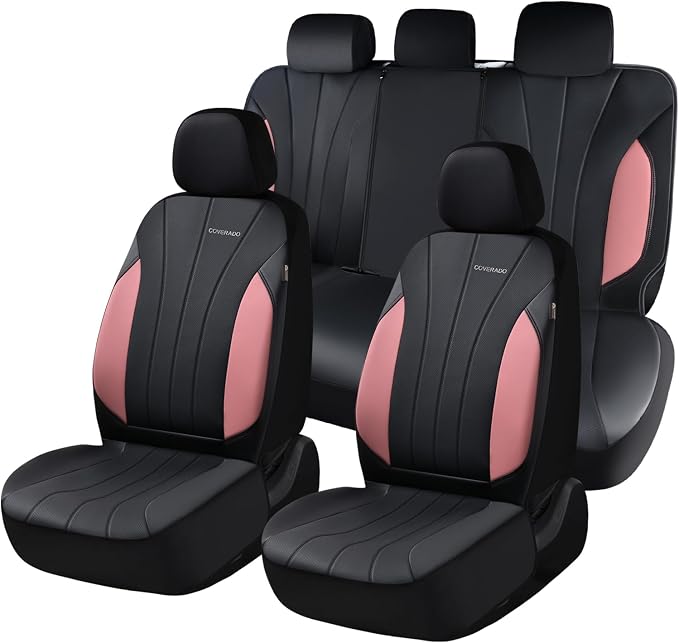 Coverado Automotive Car Seat Covers, Luxury Seat Covers Full Set, Leather Car Seat Protectors with Storage Bags, Pink Driver Seat Covers Universal Fit for SUVs Trucks Sedans