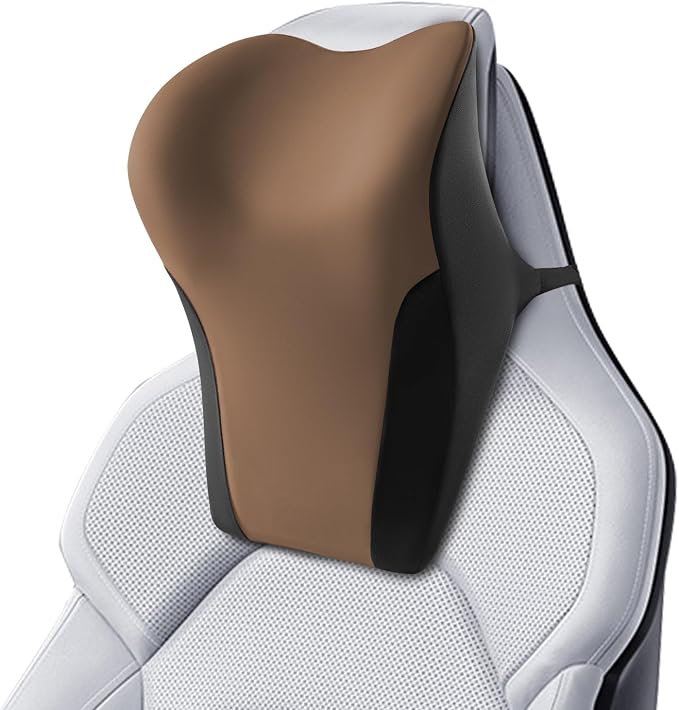 BABUR Car Neck Pillow for Driving Seat, Memory Foam Car Headrest Pillow, Ergonomic Neck Support, Breathable Removable Cover, Adjustable Strap, Pain Relief for Long Drives, Universal Fit | Brown