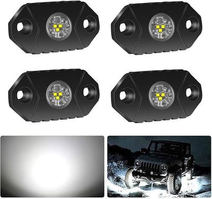 4WDKING White LED Rock Lights, 4 Pods IP68 Waterproof Underbody Glow Trail Rig Lamp LED Neon Lights for Truck Off Road Truck Car Boat ATV SUV Motorcycle