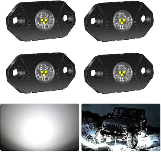 4WDKING White LED Rock Lights, 4 Pods IP68 Waterproof Underbody Glow Trail Rig Lamp LED Neon Lights for Truck Off Road Truck Car Boat ATV SUV Motorcycle