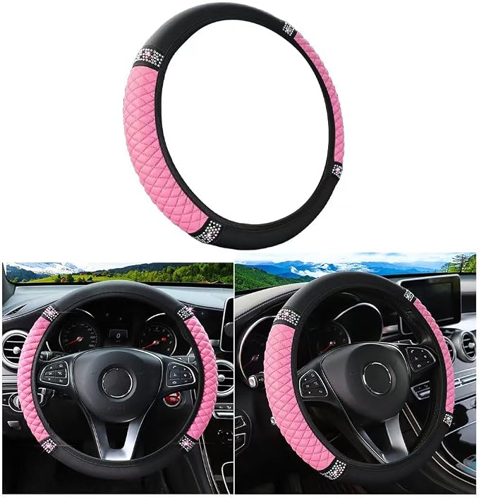Osilly Bling Car Steering Wheel Cover, 15 Inch Rhinestones Soft Leather Elastic Steering Wheel Protector, Sparkly Crystal Diamond for Women Girls, Car Interior Accessories for Most Cars (Pink)