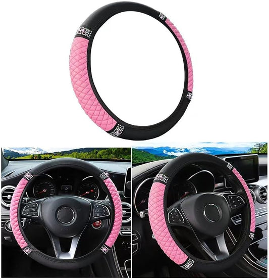 Osilly Bling Car Steering Wheel Cover, 15 Inch Rhinestones Soft Leather Elastic Steering Wheel Protector, Sparkly Crystal Diamond for Women Girls, Car Interior Accessories for Most Cars (Pink)
