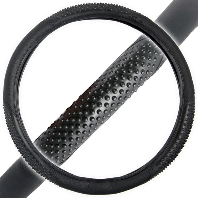 BDK Sporty Two Tone Ergonomic Grip Steering Wheel Cover - Massaging Gel Grip for Standard Size Wheels 14.5-15 inch Black/Black