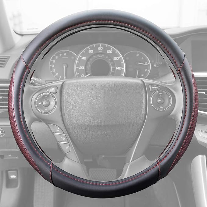 Motor Trend Wine Steering Wheel Cover - Dotted Comfort Polyester Grip on Stitched Synthetic Leather, Wine Stitching/Black
