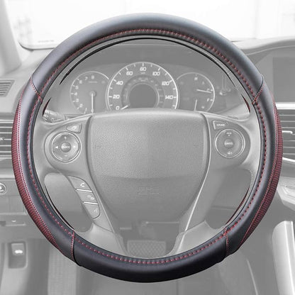 Motor Trend Wine Steering Wheel Cover - Dotted Comfort Polyester Grip on Stitched Synthetic Leather, Wine Stitching/Black