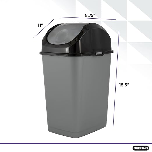 Superio Small Trash Can with Lid 4.5 Gallon Plastic Swing Top Garbage Can Slim Waste Bin for Under Sink/Cabinet, Laundry Room, Kitchen, Office, Bedroom, Bathroom, College Dorm, 18 Qt, Gray/Black