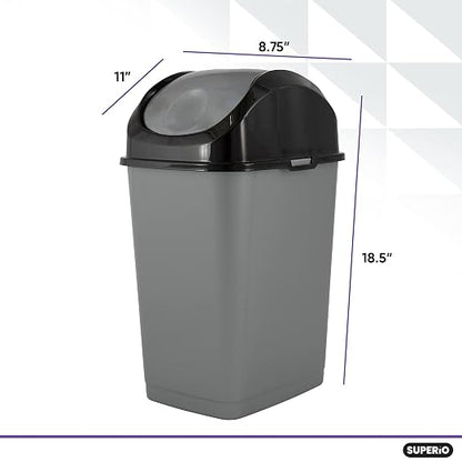 Superio Small Trash Can with Lid 4.5 Gallon Plastic Swing Top Garbage Can Slim Waste Bin for Under Sink/Cabinet, Laundry Room, Kitchen, Office, Bedroom, Bathroom, College Dorm, 18 Qt, Gray/Black