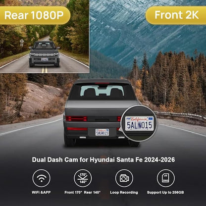 Fitcamx Front 2K+Rear 1080P Dash Cam Adapts for Hyundai Santa Fe 2024-2026 (Part No#P6000), Integrated OEM Look, Dual HD Video, WiFi & APP, Loop Recording, Gravity Sensor, Easy to Use, 64GB Card