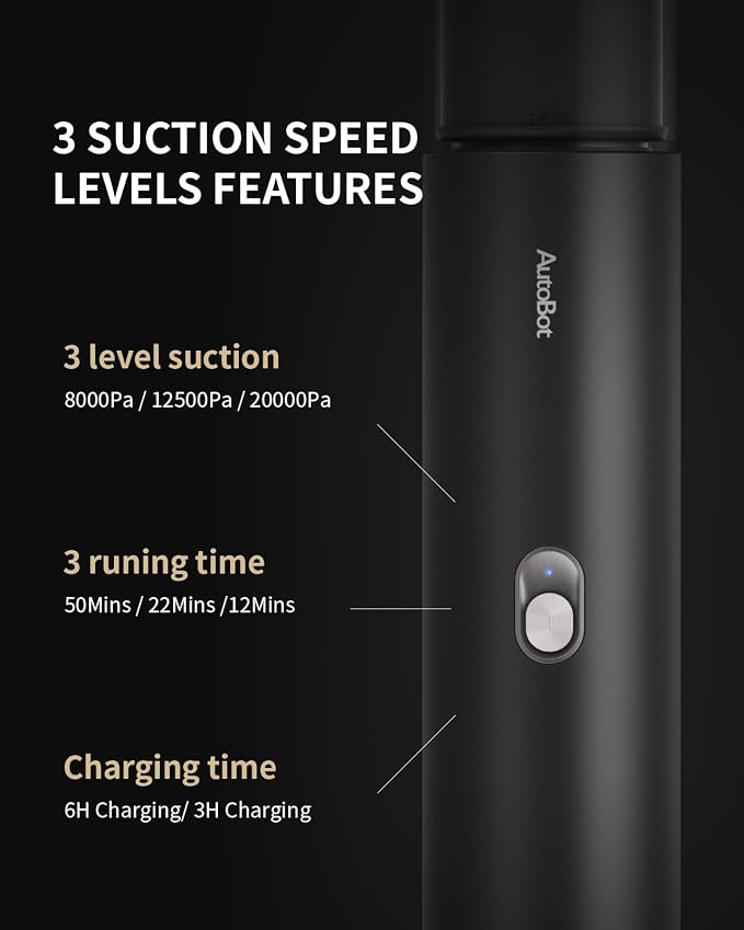AutoBot Car Vacuum Portable Cordless - 20000PA Handheld Vacuum for Pet Hair, 50 Min Runtime with 5 Attachments & Flexible Hose, 3Hr Fast Charge for Cars, Trucks, Home Cleaning (Type-C)