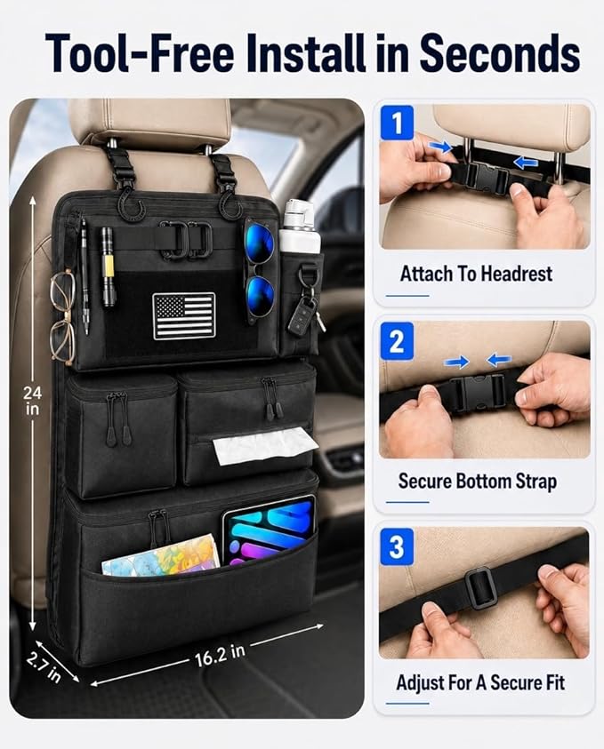 Backseat Car Organizer, Heavy Duty Tactical MOLLE Car Seat Back Organizer with 6 Pockets, 2 Sturdy Hooks, 2 D-Ring Clips, US Flag Patch & Hook Loop Panel, Universal Fit for Car SUV Truck Jeep Ford