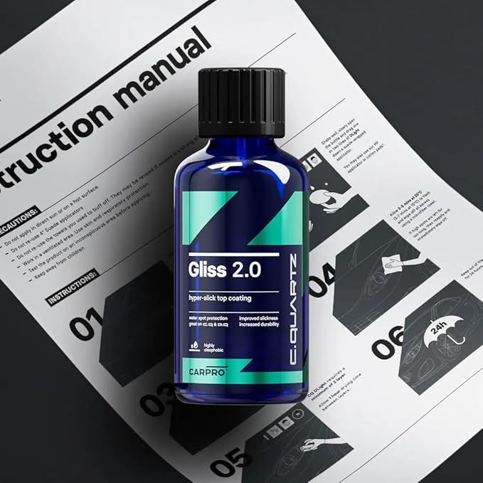 CARPRO Gliss 2.0 - Ceramic Coating for Cars - Hydrophobic Topcoat – Extreme Slickness & Water Spot Protection w/Microfiber Applicators - Repels Oil, Dirt & Grime Making Car Easy to Clean - 50ml Kit