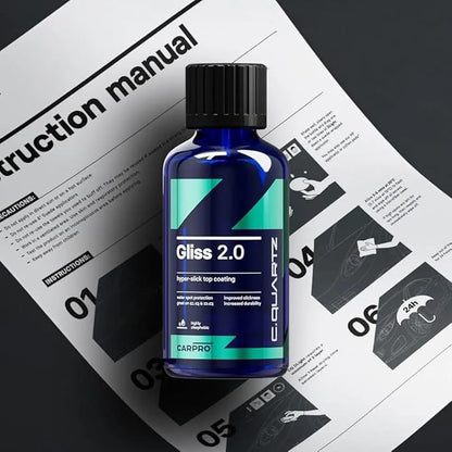 CARPRO Gliss 2.0 - Ceramic Coating for Cars - Hydrophobic Topcoat – Extreme Slickness & Water Spot Protection w/Microfiber Applicators - Repels Oil, Dirt & Grime Making Car Easy to Clean - 50ml Kit