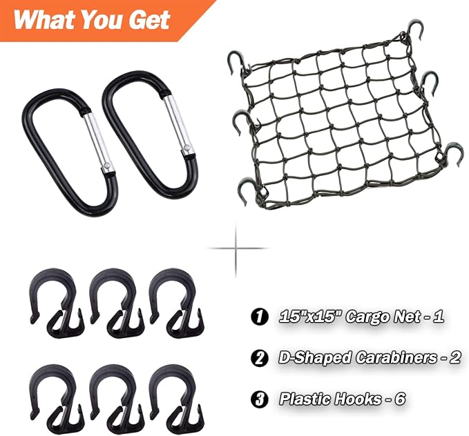 Cargo Net 15"x15" Stretches to 30"x30" with Thicken Hooks | Natural Latex Core, Tight 2”x2” Mesh Small Heavy Duty Bungee Net for Motorcycle Helmet, Bike, ATV, UTV, Luggage (Black, 1 Pack)
