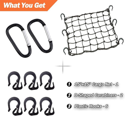 Cargo Net 15"x15" Stretches to 30"x30" with Thicken Hooks | Natural Latex Core, Tight 2”x2” Mesh Small Heavy Duty Bungee Net for Motorcycle Helmet, Bike, ATV, UTV, Luggage (Black, 1 Pack)