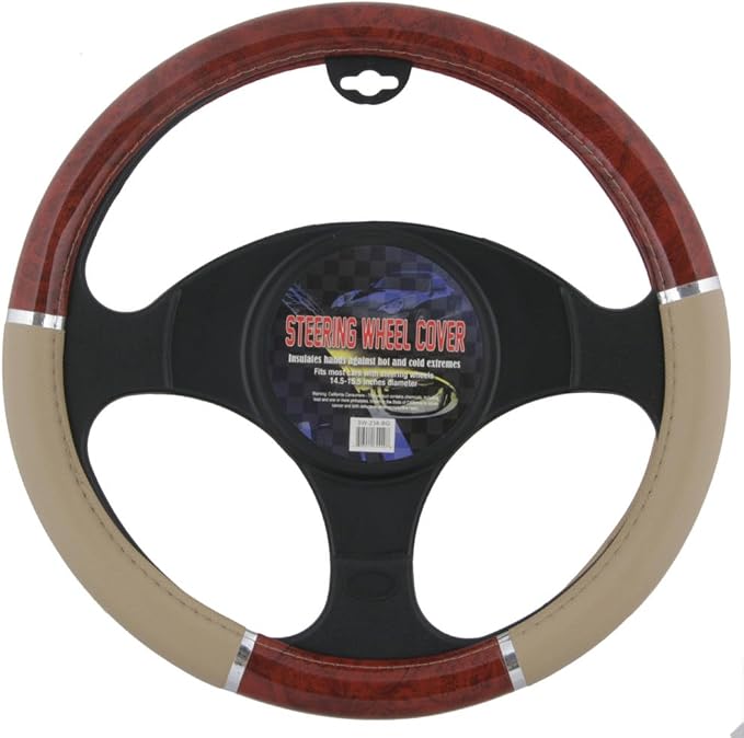 BDK Dark Wood Grain Car Steering Wheel Cover, Standard 15 inch with Beige Faux Leather Grip, Made to Fit Most Auto Truck Van SUV