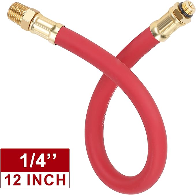Hromee Tire Inflator Hose, 12 Inch Red Rubber Hose Whip for Tire Pressure Inflator Gauge