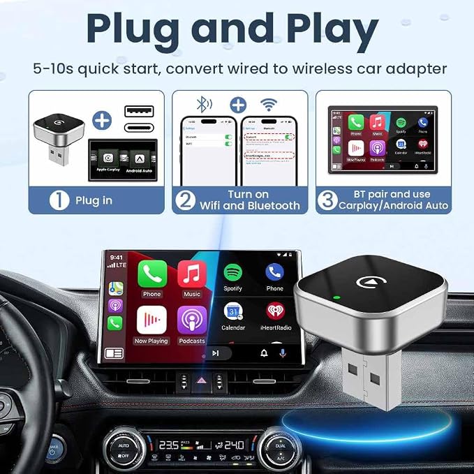 Wireless CarPlay Adapter 2026 Upgrade 2IN1 CarPlay Android Auto Mini USB Dongle, Turns Factory Wired to Wierelss, Plug and Play, No Delay, for 2016+ Cars