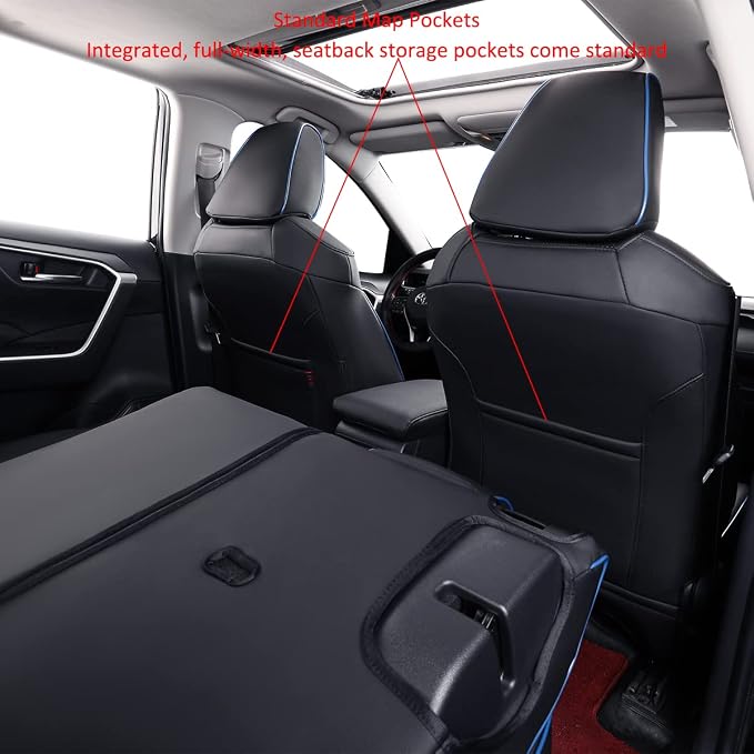 EKR Rav4 Seat Covers Custom Fit for Toyota Rav4 2021-2024 Prime SE,XSE & 2019-2025 Hybrid/PHEV SE,XSE, Leather Car Seat Cover Full Set for SUV,Faux Leather(Black with Blue Piping)