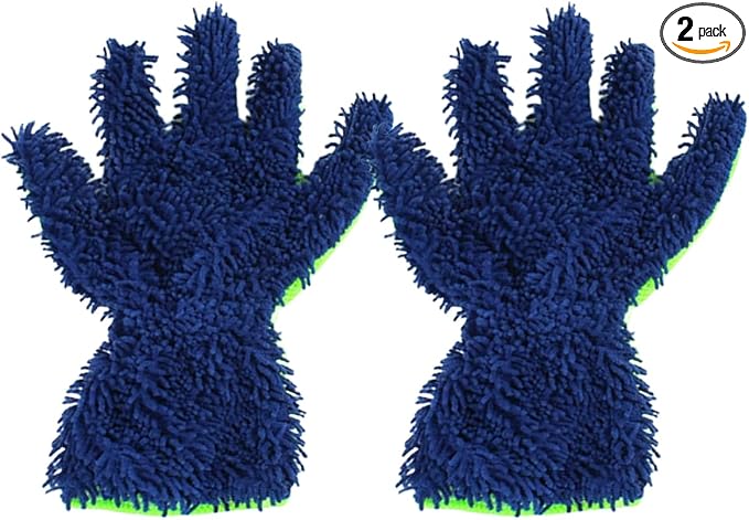 Craedli 2PCS Car Wash Mitts, Anti-Scratch Double Sided 5-Finger Microfiber Car Interior&Exterior Detailing Gloves, Soft Vehicle Chenille Dusting Mitt for Cleaning Wheel Tight Spot (Blue)
