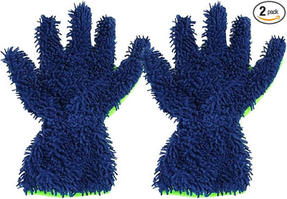 Craedli 2PCS Car Wash Mitts, Anti-Scratch Double Sided 5-Finger Microfiber Car Interior&Exterior Detailing Gloves, Soft Vehicle Chenille Dusting Mitt for Cleaning Wheel Tight Spot (Blue)