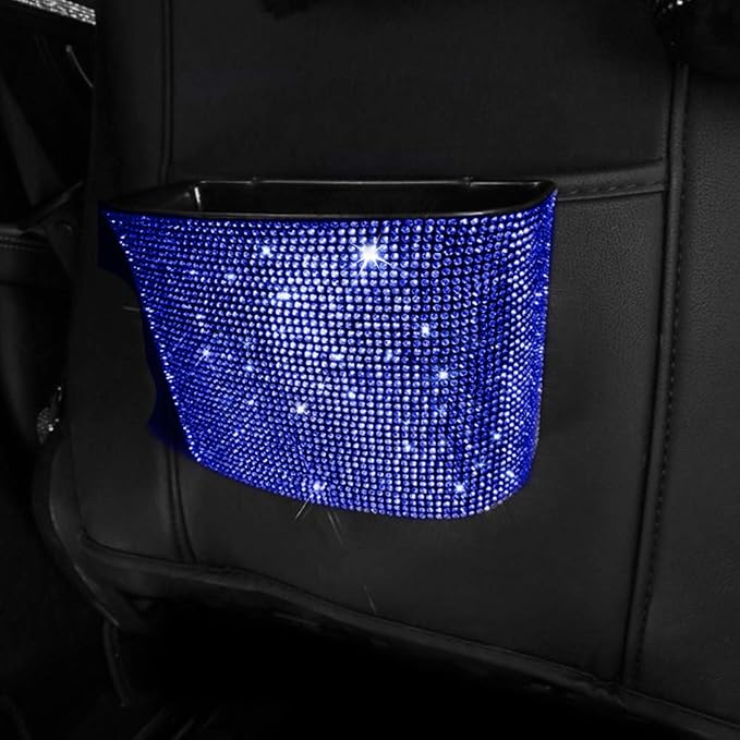 Bling Crystal Car Trash Can Auto Hanging Car Trash Can Sparkling Storage Holder Litter Container for Vehicle Office Home (Blue)