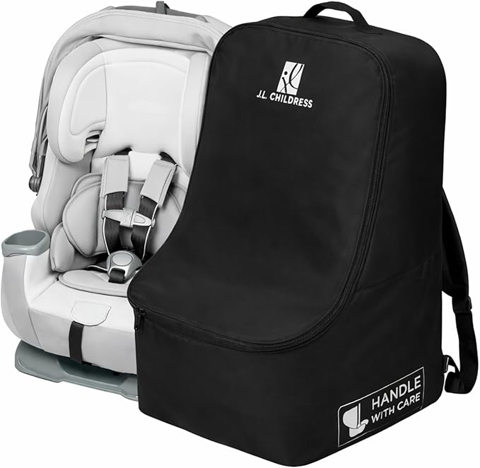 J.L. Childress Padded Backpack Car Seat Bag - Car Seat Travel Bag for Airplane, Fits Most Baby & Infant Carriers & Bootsters, Accessories for Gate or Baggage Check, AirTag Compatible - Deluxe, Black