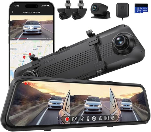 ACUMEN 4K Rear View Mirror Camera,Smart 12" Touch Screen Mirror Dash Cam Front and Rear,Backup Camera for Cars & Trucks with Blind Spot Detection (M4 Quad)