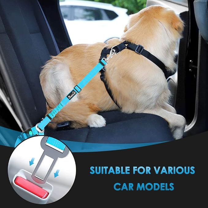 Lukovee Dog Car Seat Belt, 2 Pack Headrest Restraint Seatbelt, Adjustable Pet Safety Leads with Reflective Elastic Bungee for Dog Harness Collar Travel Daily Use (Tiffany Blue,Headrest+Clip)