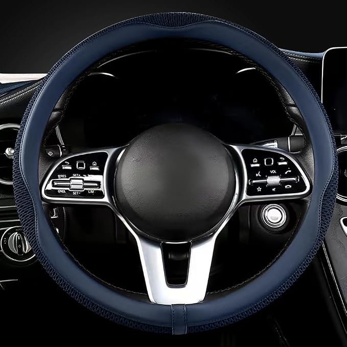 LKWLIKEI Car Steering Wheel Cover, Universal 15 inch, The Latest Microfiber Leather Breathable Technology Fabric, Non-Slip, Comfortable, Warm in Winter and Cool in Summer, Blue