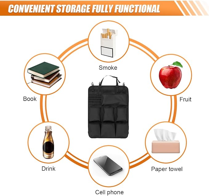 Car Backseat Organizer, Waterproof Oxford Automotive Seat Back Protector with 8 Pockets, Hanging Vehicle Behind Seat Storage Bag, Universal Travel Accessories for RV, SUV, Truck(Black)