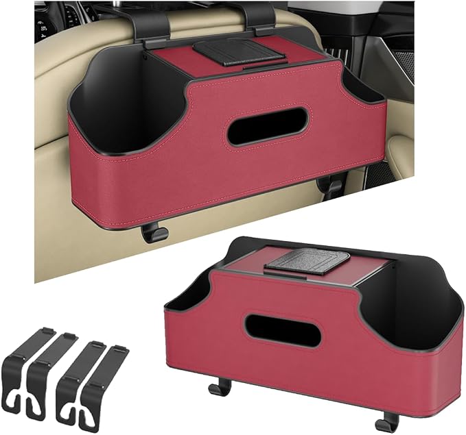 Car Seat Back Organizer, 3-in-1 Vehicle Backseat Storage Box with Cup Holder Tissue Box Trash Bin & Hooks, Multifunctional Auto Interior Headrest Organizer, Universal for SUV RV Truck (Red)