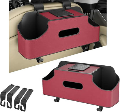 Car Seat Back Organizer, 3-in-1 Vehicle Backseat Storage Box with Cup Holder Tissue Box Trash Bin & Hooks, Multifunctional Auto Interior Headrest Organizer, Universal for SUV RV Truck (Red)