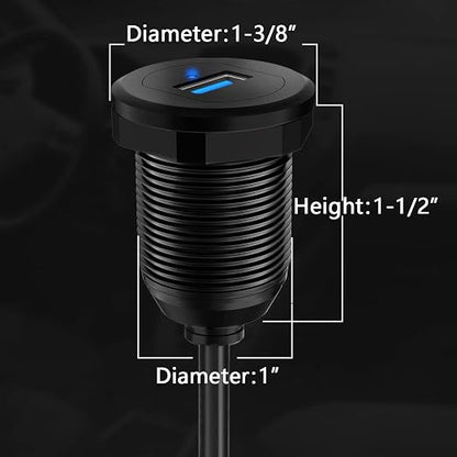 Alloy Single Port USB 3.0 Dashboard Port Car Mount Flush Cable, Male to Female Waterproof Extension Cable for Car Truck Boat Motorcycle with LED Indicator - 3ft