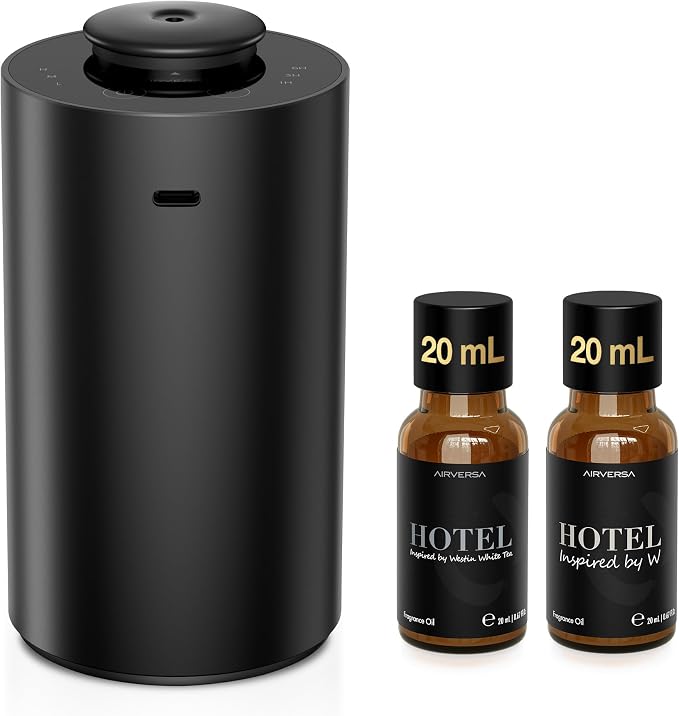 Airversa Waterless Essential Oil Diffuser Starter Kit with 2x20mL Hotel Fragrance Oils for Car Home Office,Premium Aluminum Housing, Up to 600 sq ft, Aroma Nebulizer Baterry Operated, ANX Kit-C Black