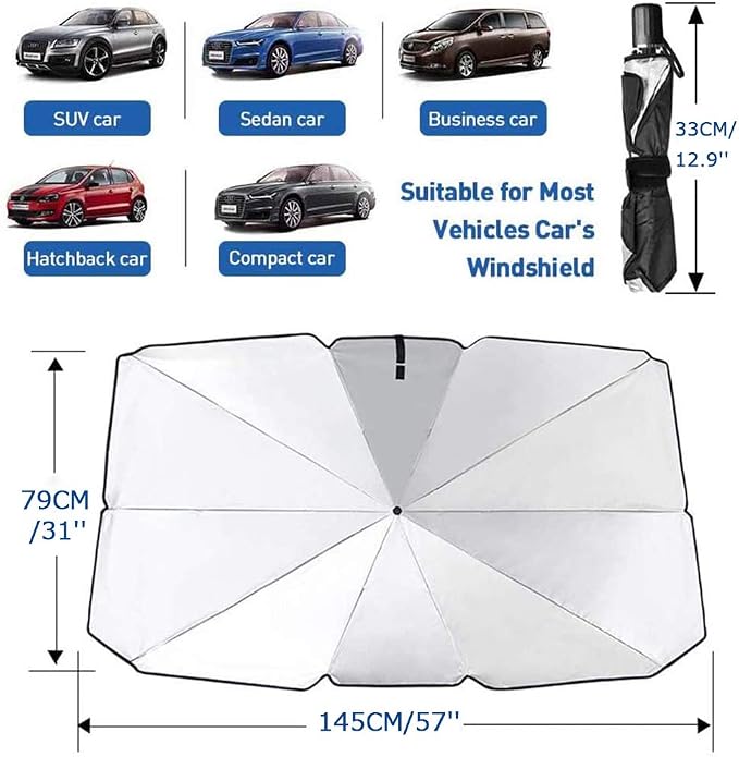 Sedan SUV Car Sun Shade for Windshield UV Rays and Heat Sun Visor Protector,Foldable Windshield Sun Shade Umbrella,Keep Car Cool,Easy to Use/Store,57''x 31''