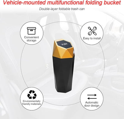 Car Trash Can with Lid, Mini Portable Auto Garbage Can, Small Leakproof Diamond Design Trash Dustbin, Waterproof Vehicle Rubbish Bins for Automotive Car, Home, Office, Kitchen, Bedroom (Gold,1)