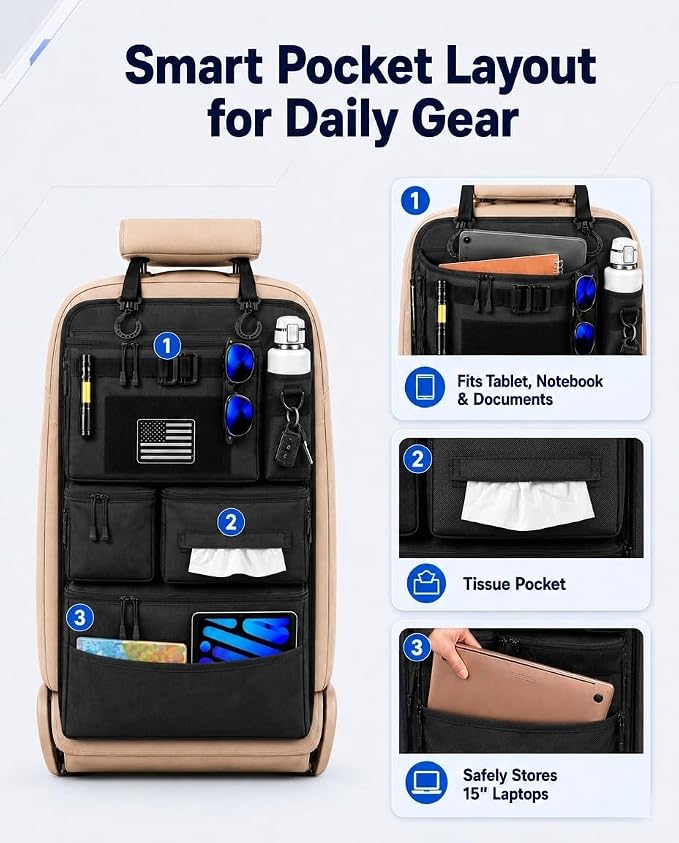 Backseat Car Organizer, Heavy Duty Tactical MOLLE Car Seat Back Organizer with 6 Pockets, 2 Sturdy Hooks, 2 D-Ring Clips, US Flag Patch & Hook Loop Panel, Universal Fit for Car SUV Truck Jeep Ford