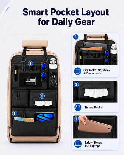 Backseat Car Organizer, Heavy Duty Tactical MOLLE Car Seat Back Organizer with 6 Pockets, 2 Sturdy Hooks, 2 D-Ring Clips, US Flag Patch & Hook Loop Panel, Universal Fit for Car SUV Truck Jeep Ford
