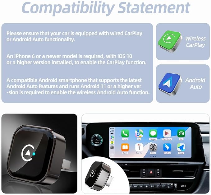 Car Wireless CarPlay Adapter for iPhone Mini Plug and Play for with Factory Wired Apple CarPlay, Fast & Stable Connection, Wide Vehicle Compatibility USB & USB C Android Auto