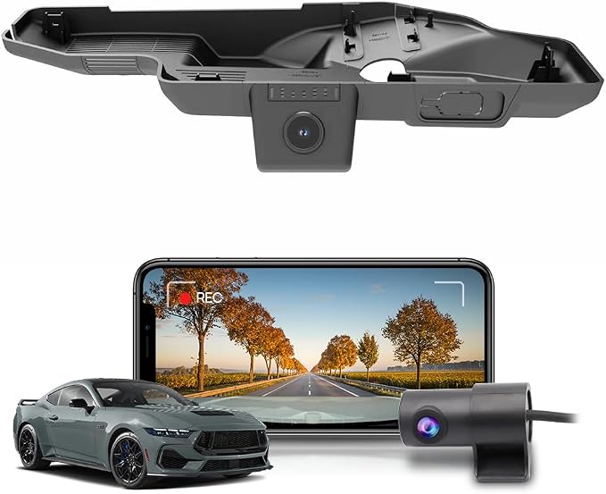 Fitcamx Front 2K+Rear 1080P Dash Cam Adapts for Ford Mustang 2024 2025 Ecoboost GT Premium Dark Horse, OEM Style, Dual HD Video, Loop Recording, Built-in WiFi & APP, G-Sensor, Easy to Use, 64GB Card