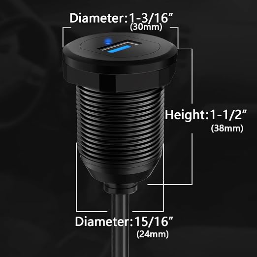 Alloy Single Port USB 3.0 Dashboard Port Car Mount Flush Cable, Male to Female Waterproof Extension Cable for Car Truck Boat Motorcycle with LED Indicator 1ft