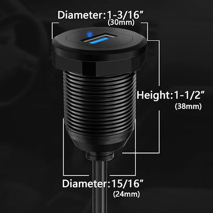 Alloy Single Port USB 3.0 Dashboard Port Car Mount Flush Cable, Male to Female Waterproof Extension Cable for Car Truck Boat Motorcycle with LED Indicator 1ft