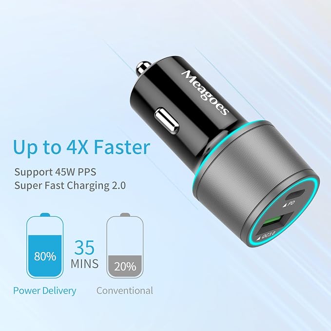 67.5W Gray Car Charger USB C Super Fast Charging, 45W USBC&QC3.0 Port Plug for iPhone 17 Pro Max/Air/16/15/iPad, Samsung S26 Android Cell Phone, Dual 12V Cigarette Lighter Adapter+3.3 ft Type C Cable