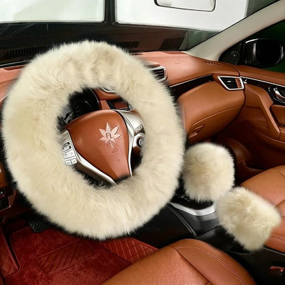 Fuzzy Genuine Sheepskin Steering Wheel Cover Set for Women Parents-Fluffy Soft Australian Merino Wool Wrap with Gear Shift and Hand Brake Covers, Cozy Stylish Luxury Car Accessories (Linen Color)