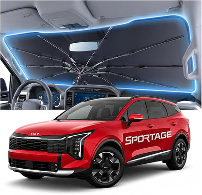 Car Windshield Sun Shade Umbrella for for Kia-Sportage 2000~2026(Ice Crystal + Fabric + Black Film), Keeps Car Cool, Foldable Sunshade with Soft Edge, Easy Storage with Bag