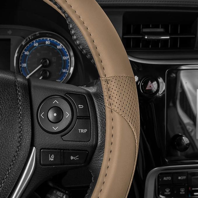 Motor Trend Perforated Microfiber Leather Steering Wheel Cover for Cars Trucks SUVs Vans, Sporty Racing Improved Grip Anti-Fatigue Ergonomic Design, Airbag Compatible - Fits Standard 15" Inch - Beige